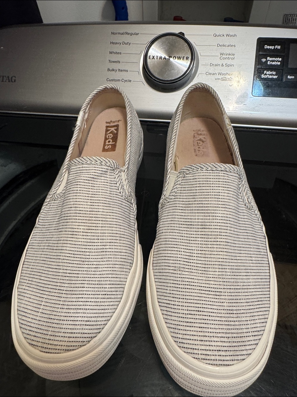 Keds Slip-On Sneakers in White and Black Pinstripe